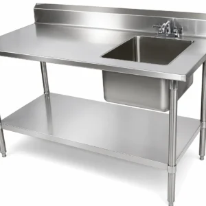 Commercial stainless steel sink work table with backsplash and undershelf storage for restaurants kitchens and food processing facilities