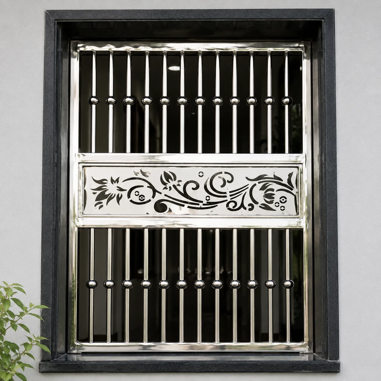 Decorative stainless steel window grill with laser cut floral design for modern residential and commercial security applications