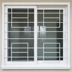 Designer mild steel sliding window grill with powder coated white finish for residential and commercial security applications