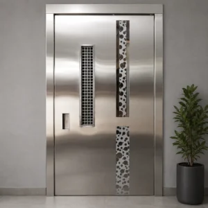 Designer stainless steel main entrance door with decorative glass inserts for residential and commercial buildings