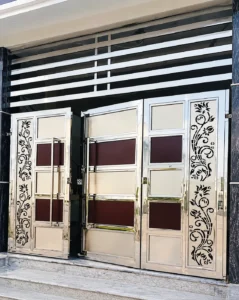 Designer stainless steel main gate with decorative laser cut floral panels for residential and commercial property entrances