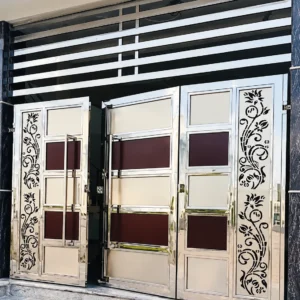 Designer stainless steel main gate with decorative laser cut floral panels for residential and commercial property entrances