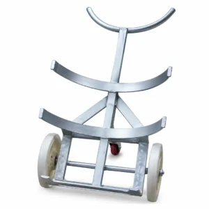 Heavy duty gas cylinder trolley with steel frame and wheels for safe transportation of LPG oxygen and industrial gas cylinders
