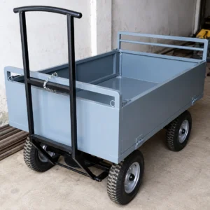 Heavy duty industrial platform hand cart with steel body pneumatic wheels and pull handle for warehouse and material handling applications