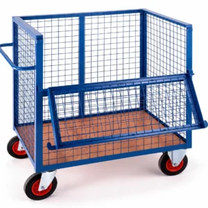 Heavy duty mesh platform trolley with foldable front gate and caster wheels for warehouse logistics and industrial material handling