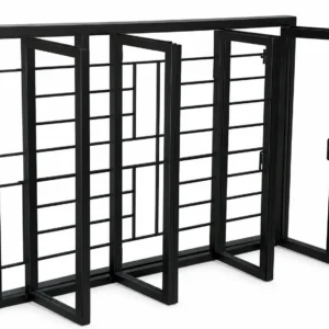 Industrial mild steel folding security gate with powder coated black finish for commercial and warehouse security applications