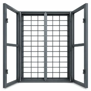 Powder coated mild steel window safety grill with openable shutters for residential and commercial security applications