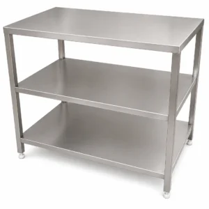 Stainless steel 3 tier work table with storage shelves for commercial kitchens restaurants laboratories and industrial applications