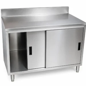 Stainless steel storage cabinet work table with sliding doors and backsplash for commercial kitchens restaurants and food processing facilities