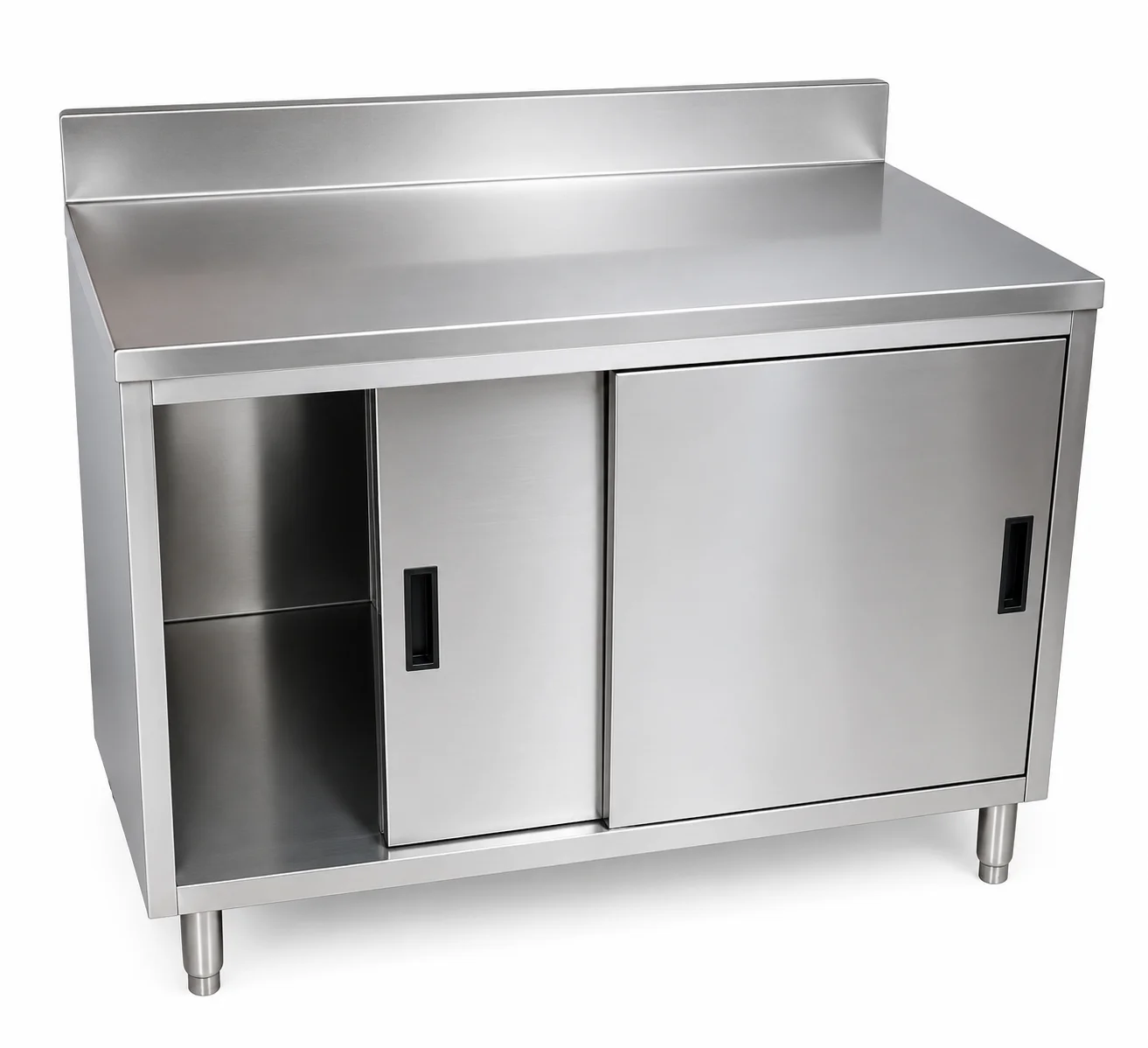 Stainless steel storage cabinet work table with sliding doors and backsplash for commercial kitchens restaurants and food processing facilities