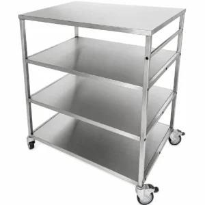 Stainless steel utility trolley with three storage shelves and caster wheels for commercial kitchens hospitals and industrial applications