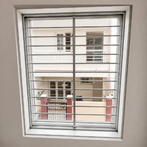 Modern stainless steel vertical window grill for residential apartment and commercial security applications