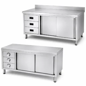 Premium stainless steel workbench with drawers and sliding doors for commercial kitchen and industrial workspace use
