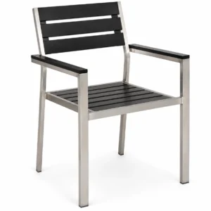Modern stainless steel arm chair with ergonomic armrests for indoor outdoor dining restaurant and hospitality use