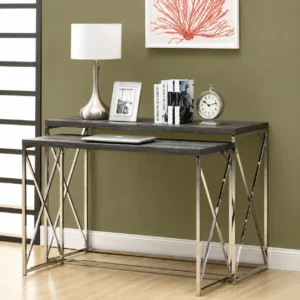 Modern stainless steel console table with double tier shelves for living rooms hallways offices and hotel interiors