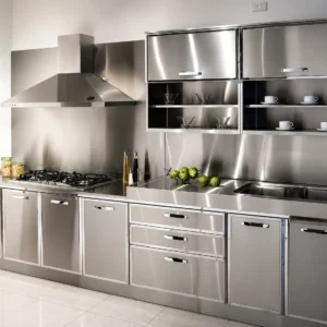Modular stainless steel commercial kitchen setup with storage cabinets sink and workstations for restaurants hotels and food processing facilities