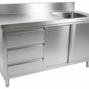 Stainless steel sink cabinet with drawers and sliding doors for commercial kitchens restaurants and food processing facilities